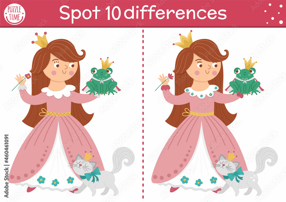 Find differences game for children. Fairytale educational activity with