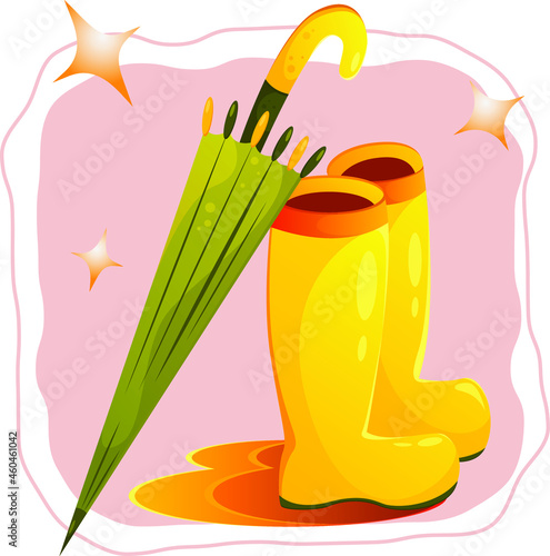 vector illustration autumn yellow rubber boots with green umbrella
