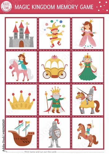 Vector Fairytale memory game cards with cute traditional fantasy symbols. Magic kingdom matching activity. Remember and find correct card. Simple printable worksheet for kids with castle.