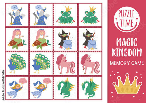 Vector Fairytale memory game cards with cute fantasy characters. Magic kingdom matching activity. Remember and find correct card. Simple printable worksheet with mermaid, witch, dragon.