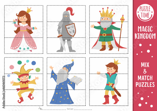 Vector fairytale mix and match puzzle with princess, king, knight, prince, stargazer. Matching magic kingdom activity for preschool kids. Educational printable game with fantasy characters.