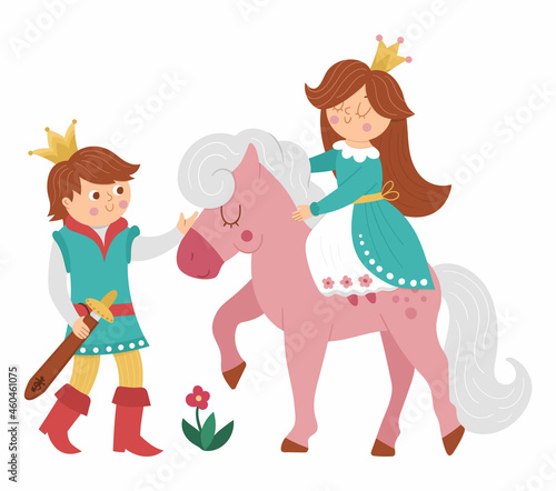Fairy tale prince with princess on a pink horse on white background. Vector fantasy young monarch in crown with girl. Medieval fairytale characters. Cartoon magic sovereign icon. Love scene.