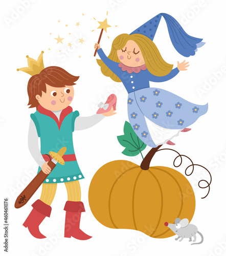 Fairy tale prince with fairy, pumpkin, lost shoe, mouse. Vector fantasy young monarch in crown icon. Medieval fairytale characters. Cartoon magic Cinderella tale scene.