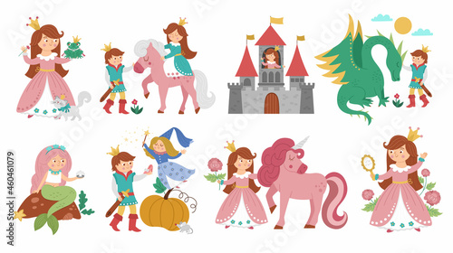 Fairy tale vector princess set. Fantasy girl collection. Medieval fairytale maid in pink dress. Girlish cartoon magic icons pack. Cinderella, sleeping beauty, frog prince, mermaid scenes.