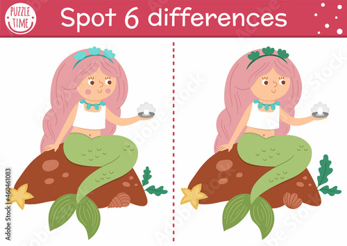 Find differences game for children. Fairytale educational activity with cute mermaid and pearl. Magic kingdom puzzle for kids with fantasy character. Fairy tale printable worksheet or page.