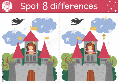Find differences game for children. Fairytale educational activity with cute princess in the castle. Magic kingdom puzzle for kids with fantasy character. Fairy tale printable worksheet or page.