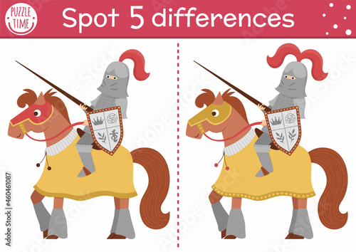 Find differences game for children. Fairytale educational activity with cute knight on a horse. Magic kingdom puzzle for kids with fantasy character. Fairy tale printable worksheet or page.