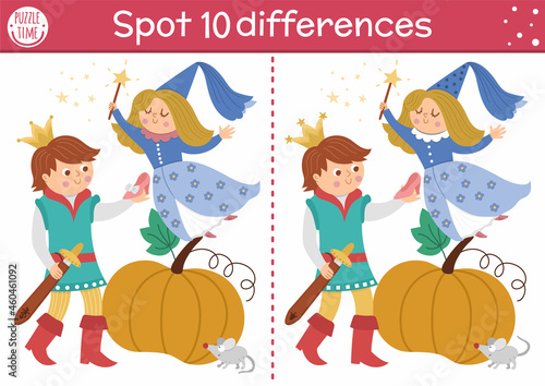 Find differences game for children. Fairytale educational activity with cute prince, shoe, pumpkin. Magic kingdom puzzle for kids with Cinderella fantasy character. Fairy tale printable worksheet.
