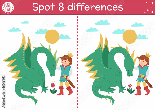 Find differences game for children. Fairytale educational activity with cute prince and dragon. Magic kingdom puzzle for kids with fantasy character. Fairy tale printable worksheet or page.