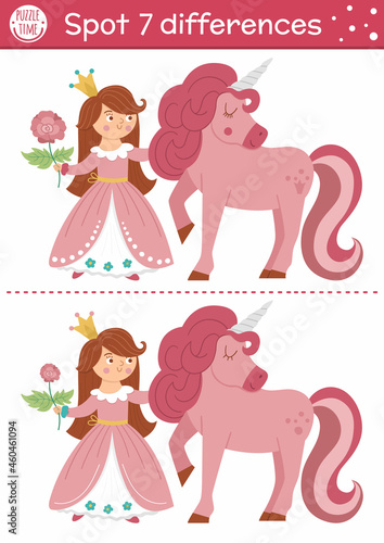 Find differences game for children. Fairytale educational activity with cute princess and unicorn. Magic kingdom puzzle for kids with fantasy character. Fairy tale printable worksheet or page.