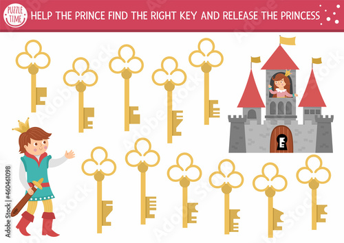 Find the right key to release princess. Fairytale matching activity for children. Magic kingdom education quiz worksheet for kids for attention skills. Simple printable game with castle, prince.