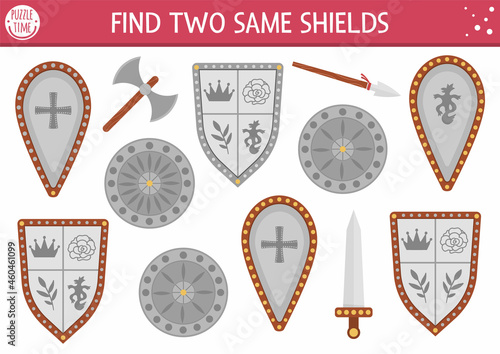 Find two same shields. Fairytale matching activity for children. Magic kingdom educational quiz worksheet for kids for attention skills. Simple printable game with knight sward or armor.