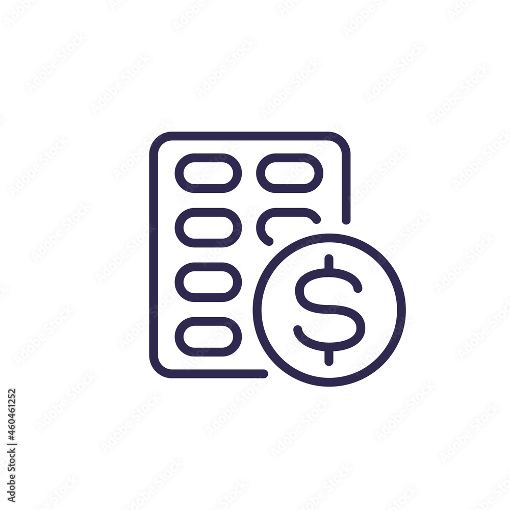 medication cost line icon, pills and money medication cost line icon, pills and money