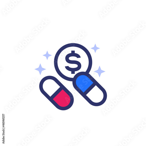 medication cost icon, pills and money vector