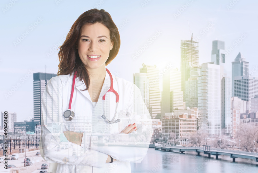 Double exposure of medical doctor working with city Double exposure of medical doctor working with city