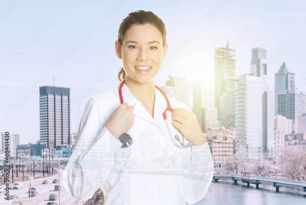 Double exposure of medical doctor working with city Double exposure of medical doctor working with city