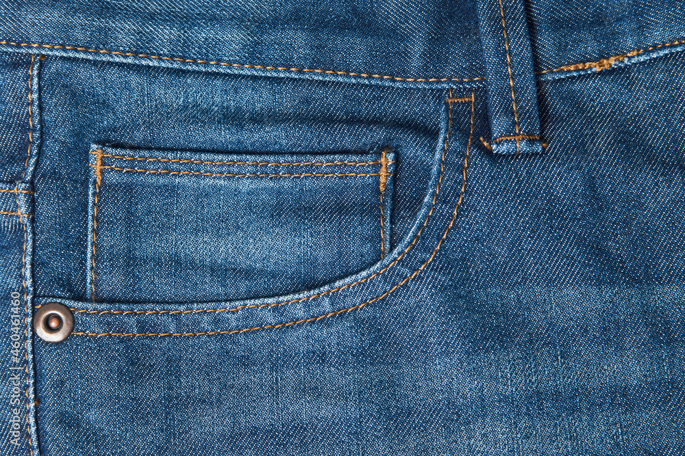 Jeans pocket close-up, front view. Blue jeans Jeans pocket close-up, front view. Blue jeans