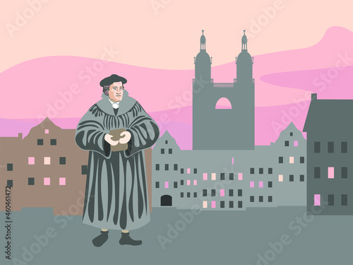 Martin Luther founder of the Reformation in Germany cartoon full color full-length standing with a book in his hands against the background of the silhouettes of the city of Wittenberg at sunrise.