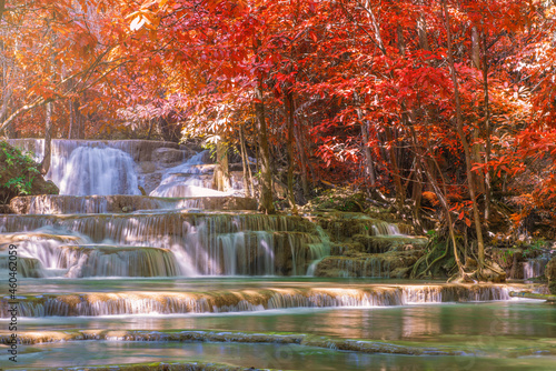 wonder Waterfall in deep rain forest jungle (Huay Mae Kamin Waterfall National Park in Kanchanaburi Province, Thailand)