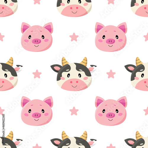 Seamless pattern with cute cartoon pigs and cows and stars isolated on white background © diana