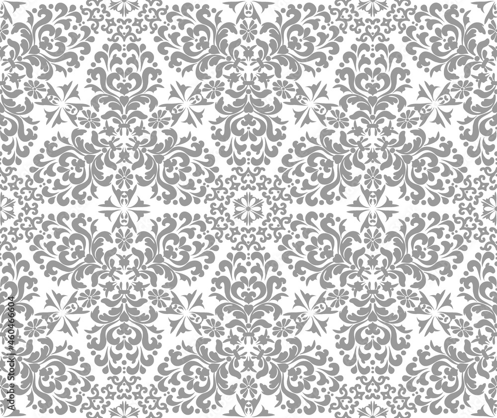Silver Stylish Damask Seamless Vector Pattern. Silver, gray and white color. For fabric, wallpaper, venetian pattern,textile, packaging. Silver Stylish Damask Seamless Vector Pattern. Silver, gray and white color. For fabric, wallpaper, venetian pattern,textile, packaging.