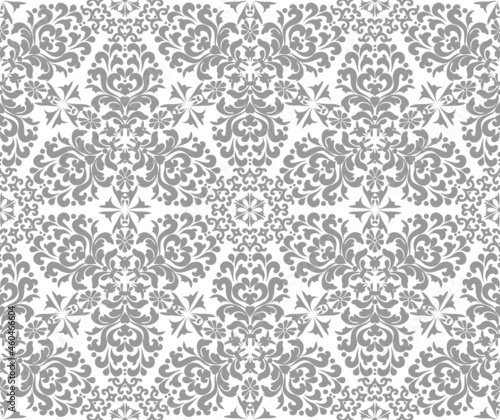 Silver Stylish Damask Seamless Vector Pattern. Silver, gray and white color. For fabric, wallpaper, venetian pattern,textile, packaging.