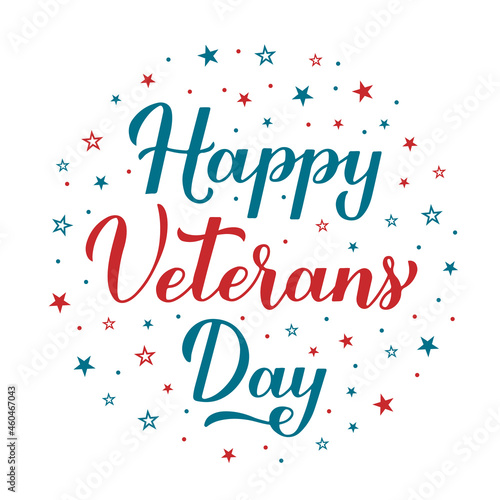 Happy Veterans Day calligraphy hand lettering with red and blue stars. American holiday typography poster. Easy to edit vector template for banner, flyer, greeting card, t-shirt, etc.