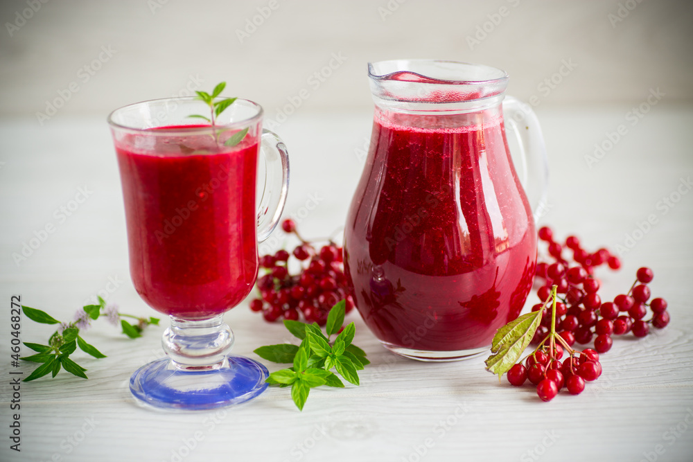 freshly squeezed thick natural juice with pulp from ripe red viburnum in a decanter freshly squeezed thick natural juice with pulp from ripe red viburnum in a decanter
