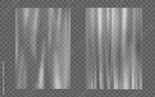 Realistic stretched cellophane banners, transparent plastic wrap. Clear polyethylene tape mockup vector