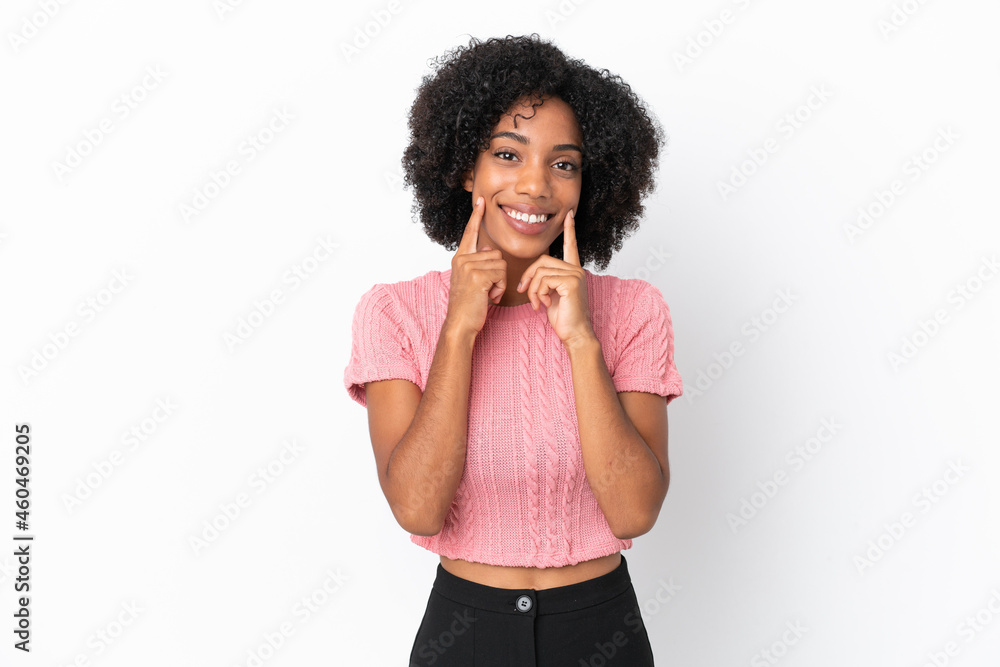Young African American woman isolated on white background smiling with a happy and pleasant expression Young African American woman isolated on white background smiling with a happy and pleasant expression