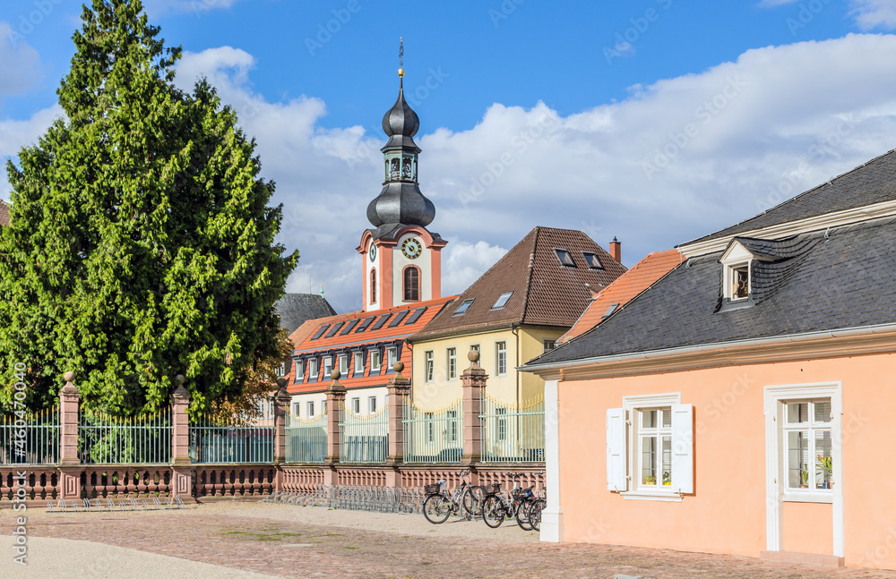 Schwetzingen, Germany. Cityscape with the bell tower of the Church of St. Pankratius (Kirche St. Pankratius)