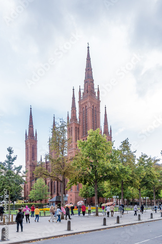 Wiesbaden, Germany. Tourists near the Protestant Marktkirche (market church), 19th century