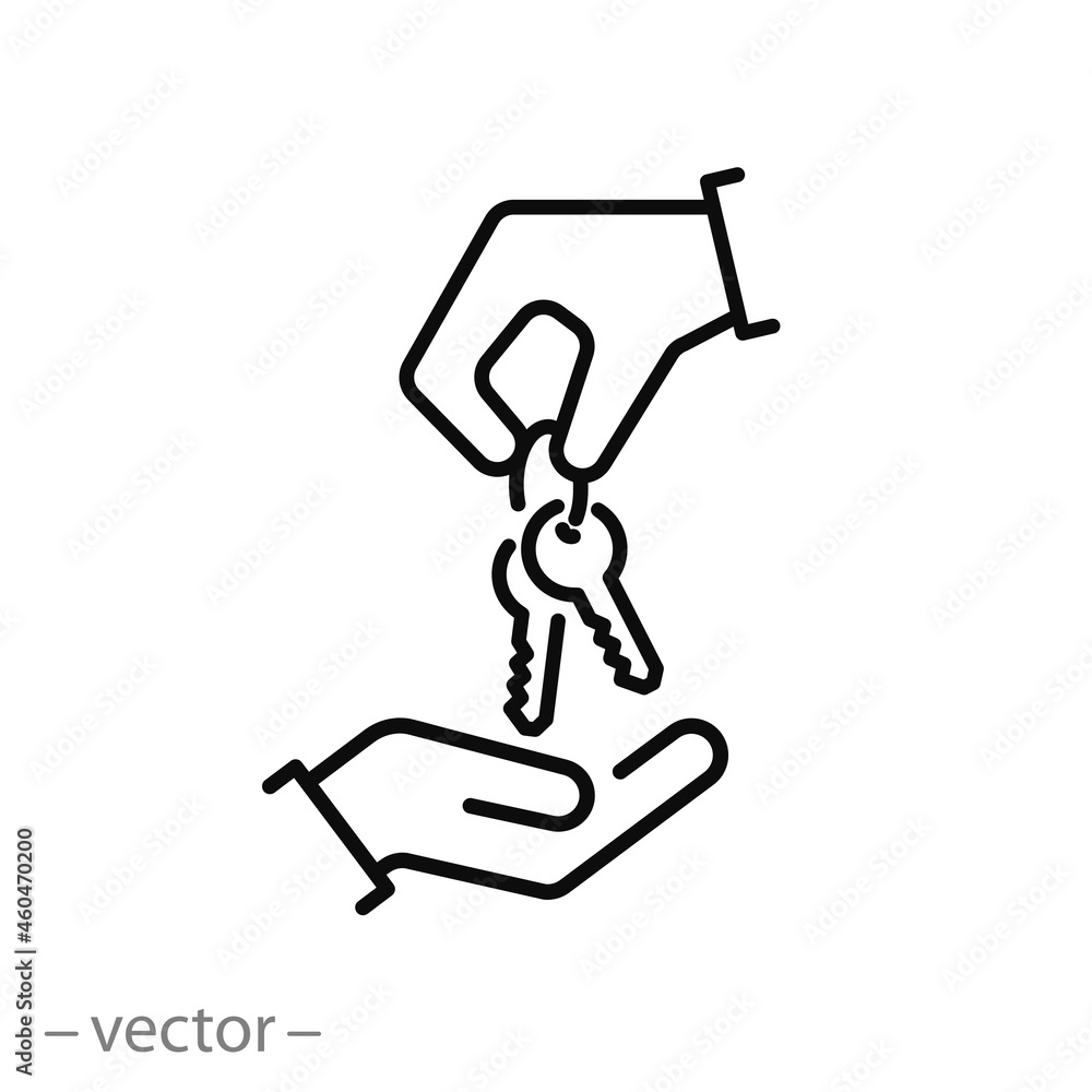 give key in hand icon, rental estate or hire car, agent broker, sale auto or home, dealer landlord, thin line symbol on white background - editable stroke vector illustration eps10 give key in hand icon, rental estate or hire car, agent broker, sale auto or home, dealer landlord, thin line symbol on white background - editable stroke vector illustration eps10