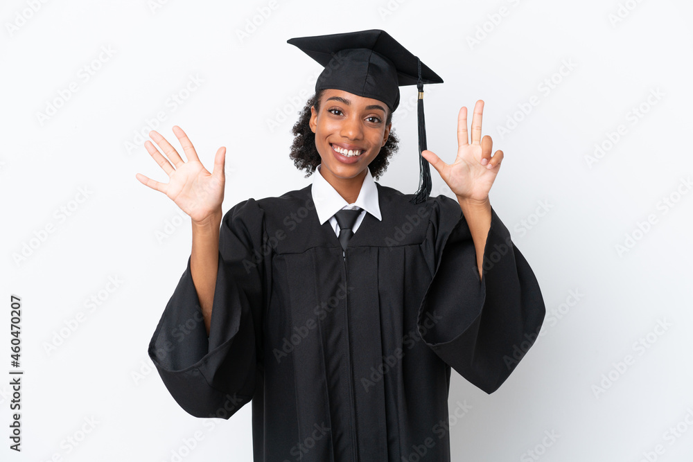 Young university graduate African American woman isolated on white background counting eight with fingers Young university graduate African American woman isolated on white background counting eight with fingers
