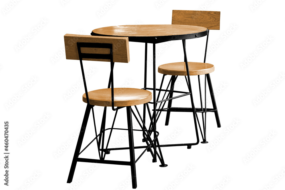 Set of modern wooden table with steel legs and chair isolated on white background Set of modern wooden table with steel legs and chair isolated on white background