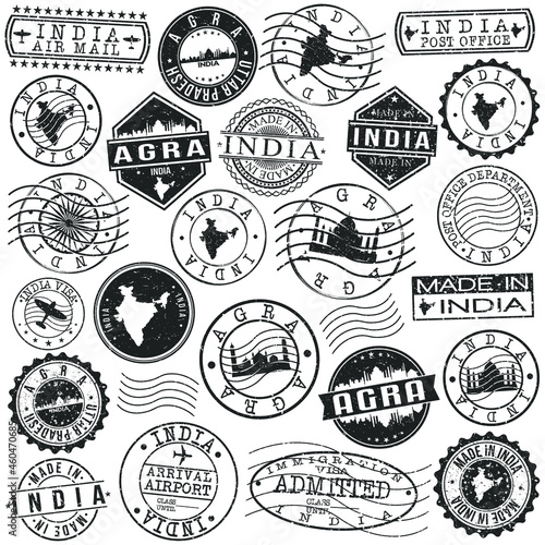 Agra, Uttar Pradesh, India Set of Stamp. Vector Art Postal Passport Travel Design. Travel and Business Seals.