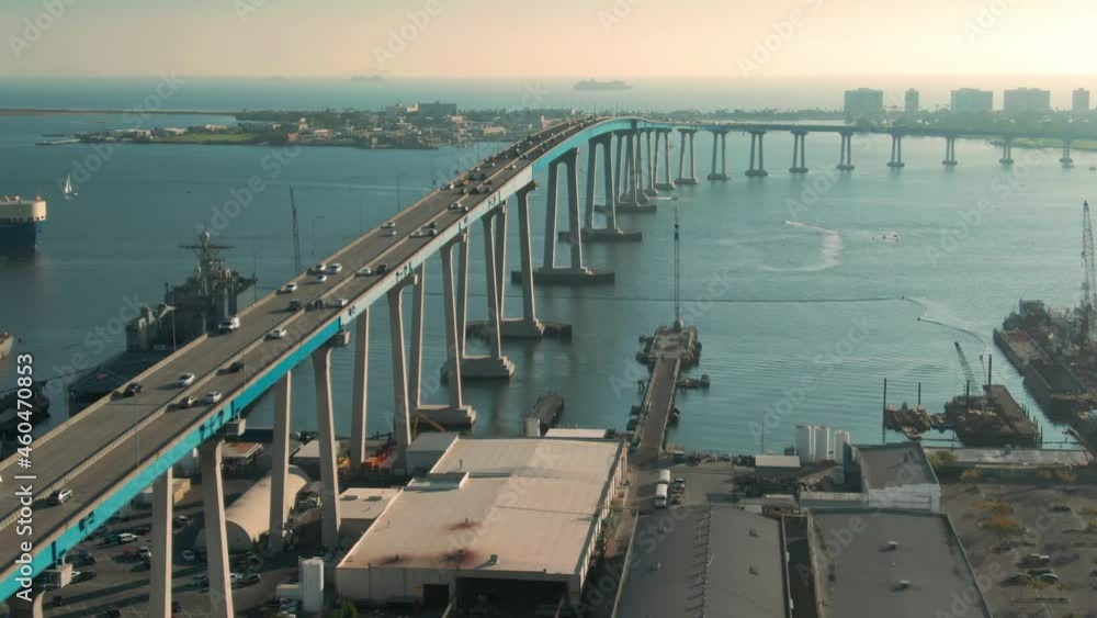 Aerial: Coronado Bridge Traffic over the San Diego Harbor. California, USA