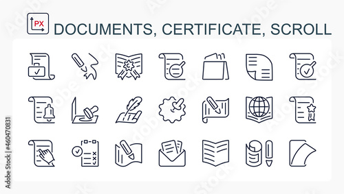 A set of vector icons from a thin line. Documents, certificate, scrolls. isolated