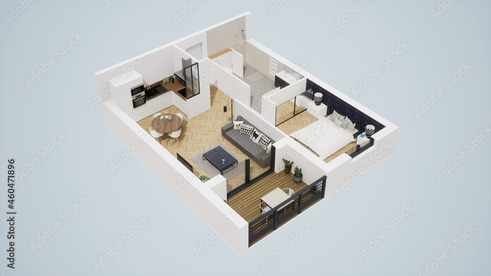 Vue 3d studio ou petit appartement parquet bois Vue 3d studio ou petit appartement parquet bois