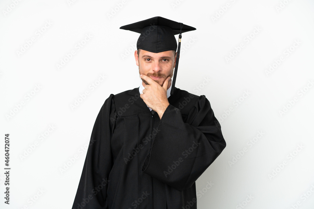 Young university Brazilian graduate isolated on white background thinking Young university Brazilian graduate isolated on white background thinking