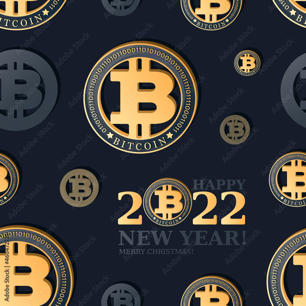 Bitcon 2022. Digital symbol. Vector festive background. Crypto currency coin on black background. Bitcon 2022. Digital symbol. Vector festive background. Crypto currency coin on black background.