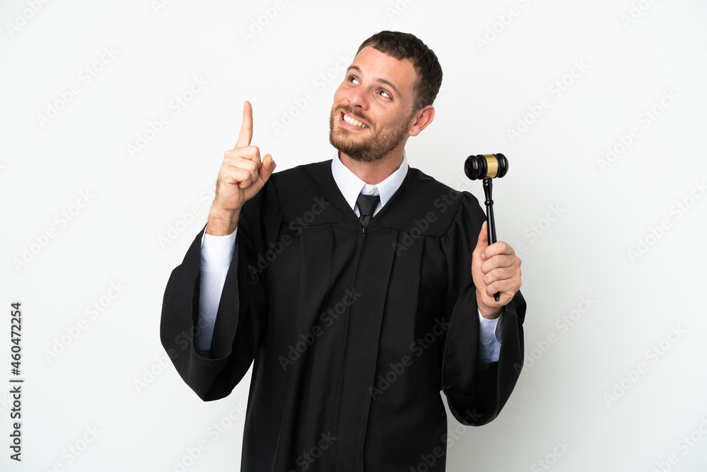 Judge caucasian man isolated on white background pointing up a great idea Judge caucasian man isolated on white background pointing up a great idea
