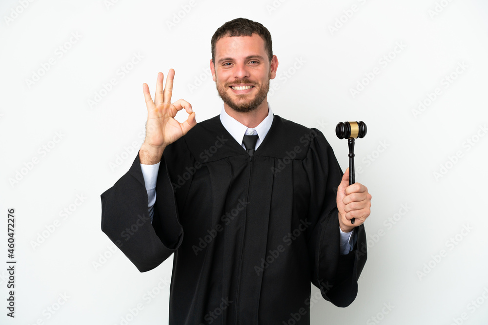 Judge caucasian man isolated on white background showing ok sign with fingers Judge caucasian man isolated on white background showing ok sign with fingers