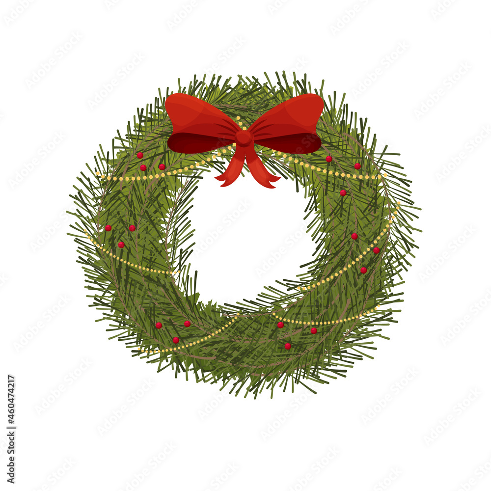 Christmas garland, wreath with red bow in cartoon style isolated on white background. Holiday decoration. Vector illustration Christmas garland, wreath with red bow in cartoon style isolated on white background. Holiday decoration. Vector illustration