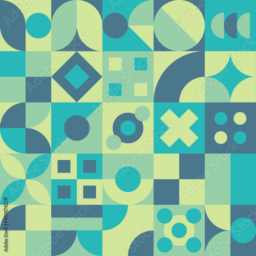 Vector Graphic of Neo Geo Design. Abstract Geometric Pattern Background. Seamless Geometry Shape Wallpaper. Blue Green Color Theme. Good for Poster, Flyer, Print, Magazine, Blanket, Bed Sheet, Curtain