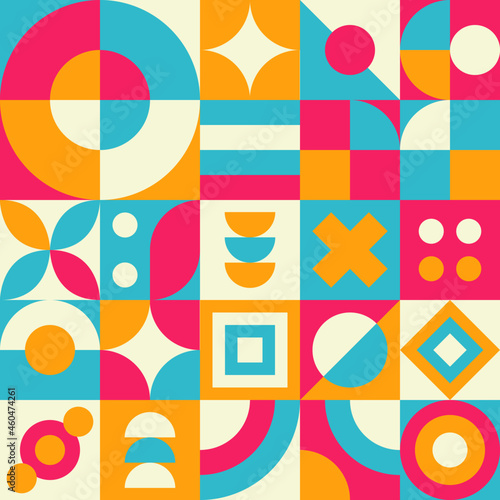 Vector Graphic of Neo Geo Design. Abstract Geometric Pattern Background. Seamless Geometry Shapes Wallpaper. Bright Fun Color Theme. Good for Banner, Flyer, Print, Card, Brochure, Poster, Magazine