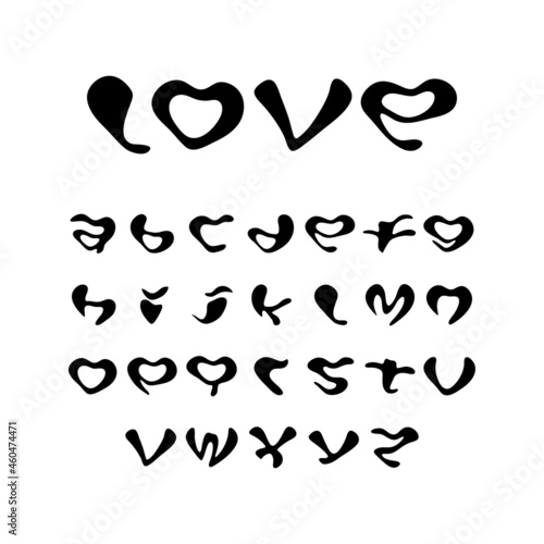 Vector alphabet font with ugly shapes. Set of English letters in the shape of a heart. ABC for encrypted love message