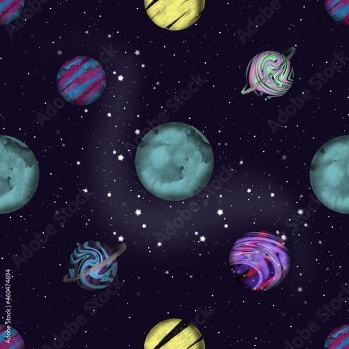 Space seamless pattern with Planets and Stars. Texture with Cosmic elements.