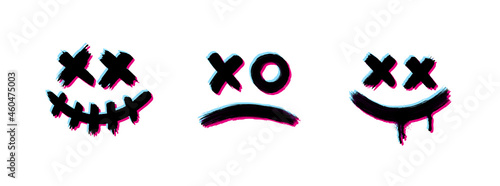 Set of scary brush stroke smile. Glitch effect