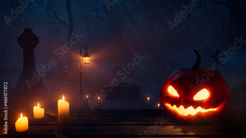 Halloween Pumpkin Lantern with Candles, in a Eerie Forest Churchyard at Night. photo